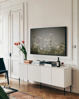 Queen Annes Lace Field I by Debra Van Swearingen. shown as a framed stretched canvas in a living room above a console. Available as a archival giclee rolled canvas, fine art paper, or poster print. SKU 86787i.