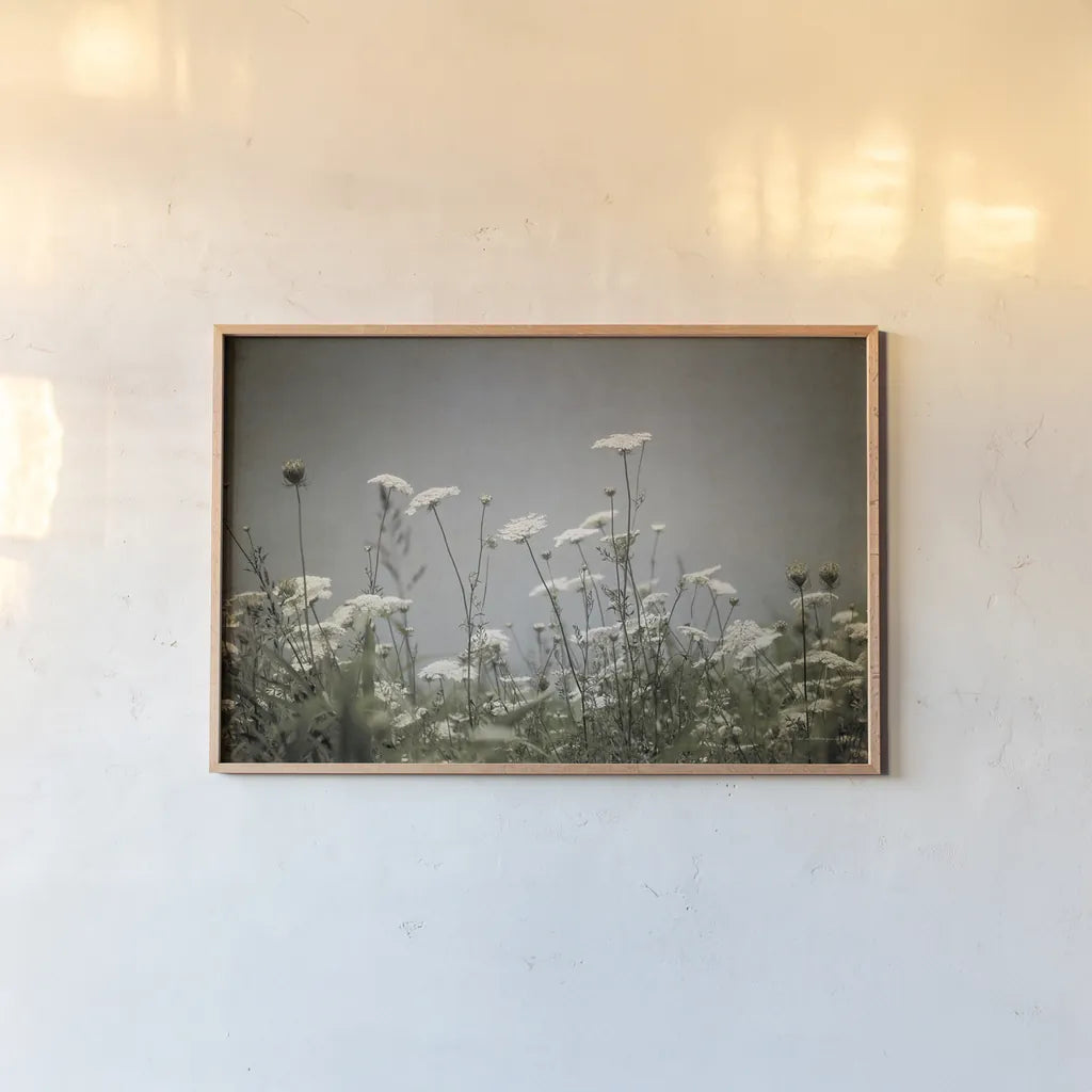 Queen Annes Lace Field I by Debra Van Swearingen. shown as a paper print in a natural frame. Available as a archival giclee rolled canvas, fine art paper, or poster print. SKU 86787i.