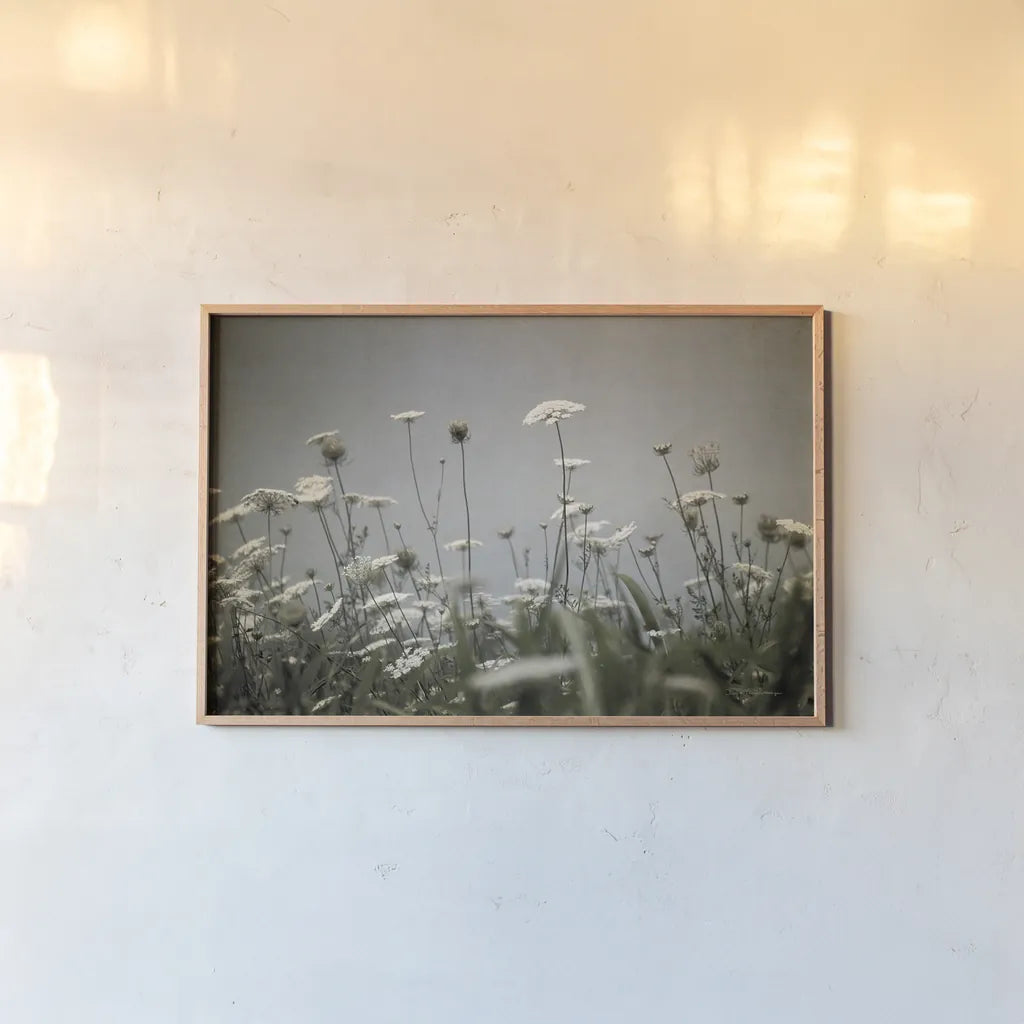 Queen Annes Lace Field II by Debra Van Swearingen. shown as a paper print in a natural frame. Available as a archival giclee rolled canvas, fine art paper, or poster print. SKU 86788i.