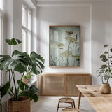 Queen Annes Lace Up Close I by Debra Van Swearingen. shown as a print in a natural wood frame in a dining room. Available as a archival giclee rolled canvas, fine art paper, or poster print. SKU 90959h.