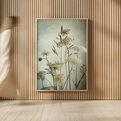 Queen Annes Lace Up Close II by Debra Van Swearingen. shown as over sized large wall art. Available as an archival giclee rolled canvas, fine art paper, or poster print. SKU 90960h.