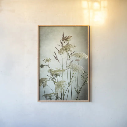 Queen Annes Lace Up Close II by Debra Van Swearingen. shown as a paper print in a natural frame. Available as a archival giclee rolled canvas, fine art paper, or poster print. SKU 90960h.