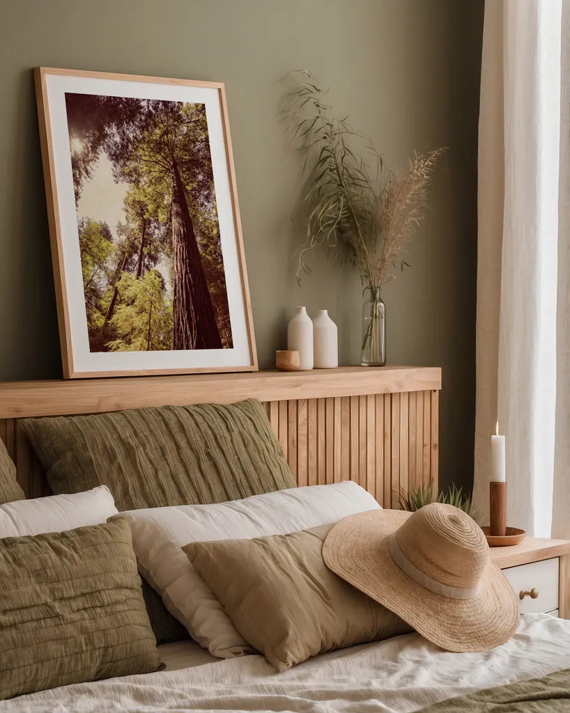 Redwoods I by Debra Van Swearingen. shown as a paper print in a natural frame. Available as a archival giclee rolled canvas, fine art paper, or poster print. SKU 82779h.