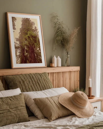 Redwoods II by Debra Van Swearingen. shown as a paper print in a natural frame. Available as a archival giclee rolled canvas, fine art paper, or poster print. SKU 82780h.