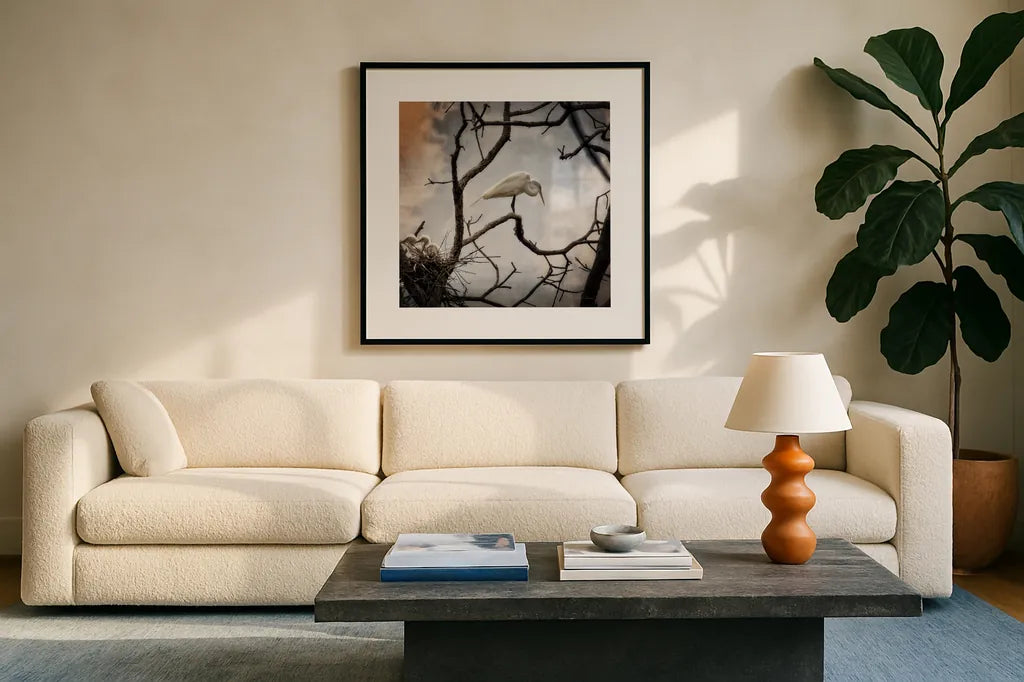 Respite by Debra Van Swearingen. Displayed in a glass frame with matte in a clean modern living room. Available as an archival giclee rolled canvas, fine art paper, or poster print. SKU 63823a.