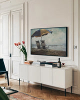 Sea For Two by Debra Van Swearingen. shown as a framed stretched canvas in a living room above a console. Available as a archival giclee rolled canvas, fine art paper, or poster print. SKU 47845i.