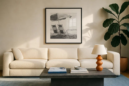 Sea For Two BW Crop by Debra Van Swearingen. Displayed in a glass frame with matte in a clean modern living room. Available as an archival giclee rolled canvas, fine art paper, or poster print. SKU 77149a.