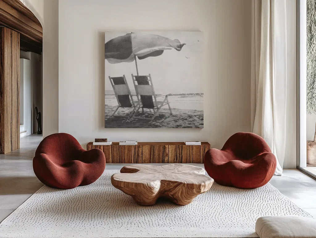 Sea For Two BW Crop by Debra Van Swearingen. Shown as extra-large giant wall art in a modern living room. Available as an archival giclee rolled canvas, fine art paper, or poster print. SKU 77149a.