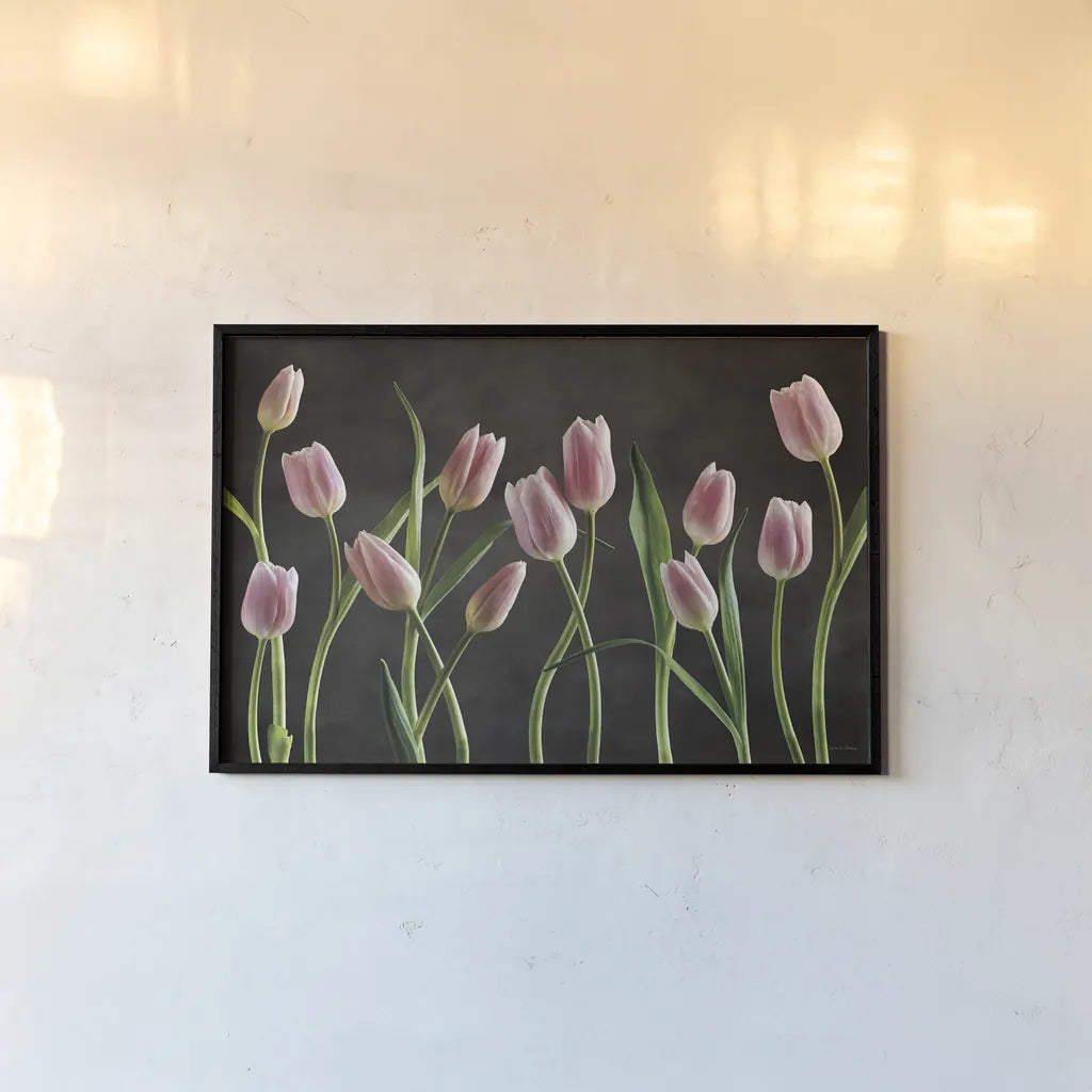 Spring Tulips IX by Debra Van Swearingen. shown as a paper print in a black flame. Available as a archival giclee rolled canvas, fine art paper, or poster print. SKU 23299i.