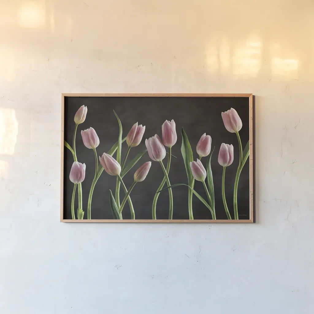 Spring Tulips IX by Debra Van Swearingen. shown as a paper print in a natural frame. Available as a archival giclee rolled canvas, fine art paper, or poster print. SKU 23299i.