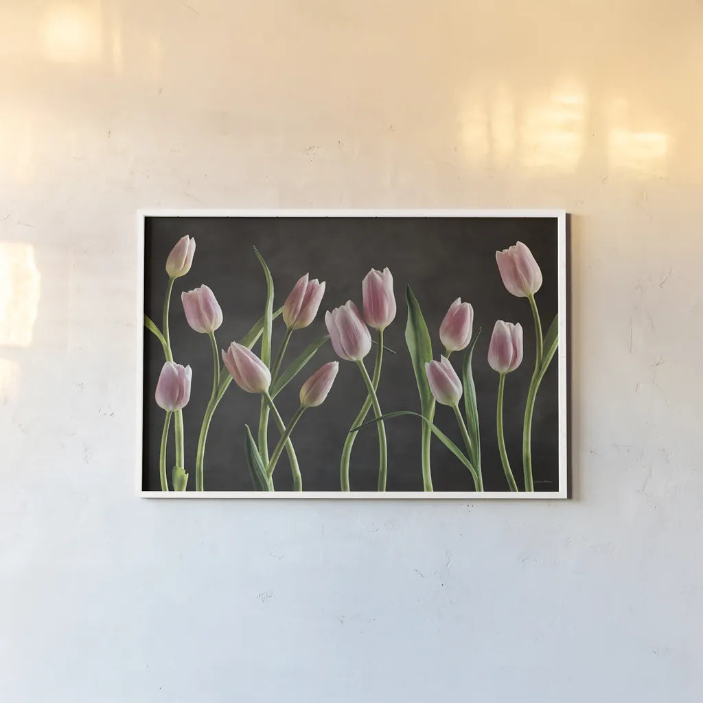 Spring Tulips IX by Debra Van Swearingen. shown as a paper print in a white frame. Available as a archival giclee rolled canvas, fine art paper, or poster print. SKU 23299i.