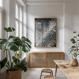 Sunlit Palms II by Debra Van Swearingen. shown as a print in a natural wood frame in a dining room. Available as a archival giclee rolled canvas, fine art paper, or poster print. SKU 81258h.