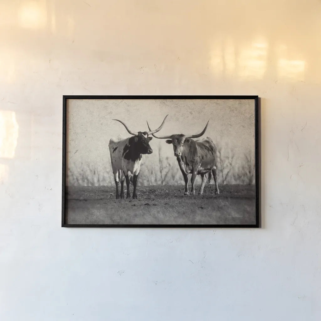 Texas Longhorns Crop by Debra Van Swearingen. shown as a paper print in a black flame. Available as a archival giclee rolled canvas, fine art paper, or poster print. SKU 66104i.