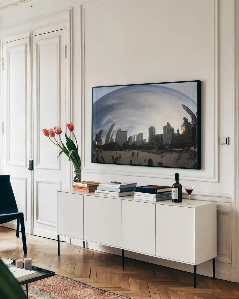 The Bean Chicago by Debra Van Swearingen. shown as a framed stretched canvas in a living room above a console. Available as a archival giclee rolled canvas, fine art paper, or poster print. SKU 55174i.