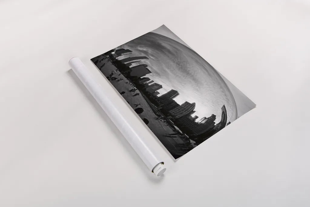 The Bean Chicago BW by Debra Van Swearingen. shown as a rolled paper print. Available as archival giclee rolled canvas, fine art paper, or poster print. SKU 55175i.