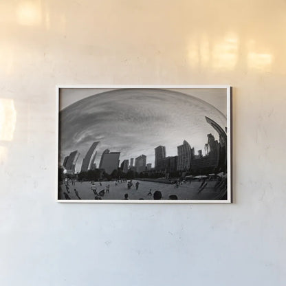 The Bean Chicago BW by Debra Van Swearingen. shown as a paper print in a white frame. Available as a archival giclee rolled canvas, fine art paper, or poster print. SKU 55175i.