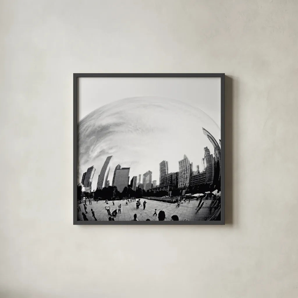 The Bean Chicago Bold Sq by Debra Van Swearingen. Shown in a sleek black glass frame for a contemporary gallery look. Available as an archival giclee rolled canvas, fine art paper, or poster print. SKU 64604a.