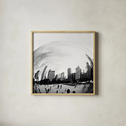 The Bean Chicago Bold Sq by Debra Van Swearingen. Shown in a natural wood glass frame for a timeless modern aesthetic. Available as an archival giclee rolled canvas, fine art paper, or poster print. SKU 64604a.