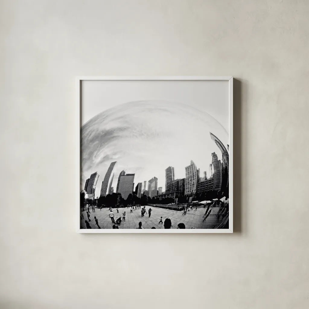 The Bean Chicago Bold Sq by Debra Van Swearingen. Shown in a crisp white glass frame for a clean and minimalist style. Available as an archival giclee rolled canvas, fine art paper, or poster print. SKU 64604a.