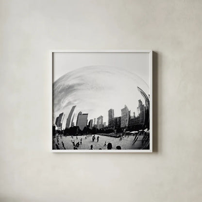 The Bean Chicago Bold Sq by Debra Van Swearingen. Shown in a crisp white glass frame for a clean and minimalist style. Available as an archival giclee rolled canvas, fine art paper, or poster print. SKU 64604a.