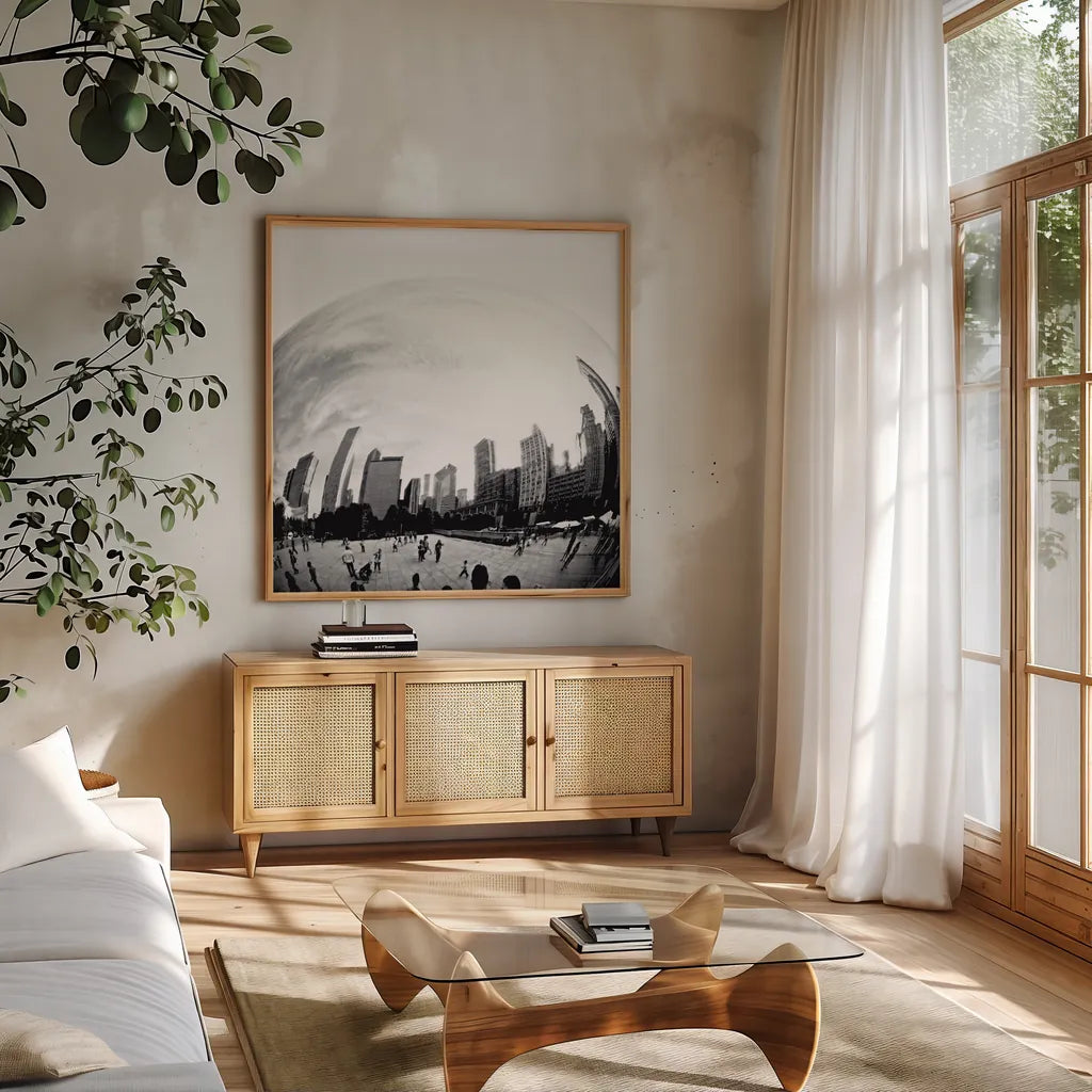 The Bean Chicago Bold Sq by Debra Van Swearingen. Shown in a natural wood frame in a cozy modern living room. Available as an archival giclee rolled canvas, fine art paper, or poster print. SKU 64604a.