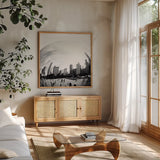 The Bean Chicago Bold Sq by Debra Van Swearingen. Shown in a natural wood frame in a cozy modern living room. Available as an archival giclee rolled canvas, fine art paper, or poster print. SKU 64604a.