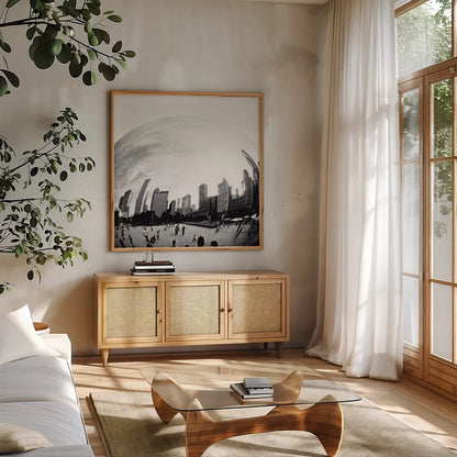 The Bean Chicago Bold Sq by Debra Van Swearingen. Shown in a natural wood frame in a cozy modern living room. Available as an archival giclee rolled canvas, fine art paper, or poster print. SKU 64604a.