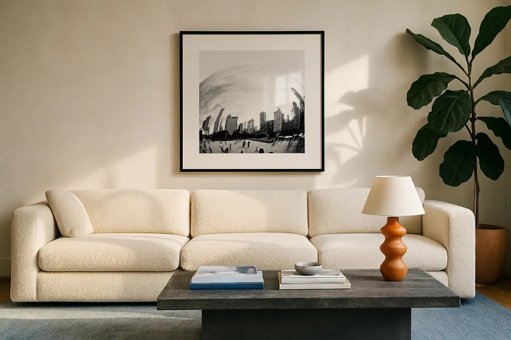 The Bean Chicago Bold Sq by Debra Van Swearingen. Displayed in a glass frame with matte in a clean modern living room. Available as an archival giclee rolled canvas, fine art paper, or poster print. SKU 64604a.