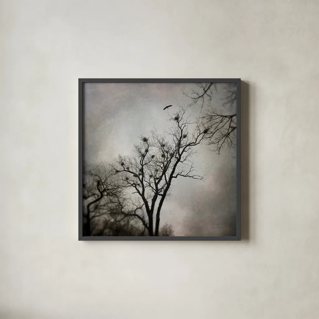 The Heron Rookery by Debra Van Swearingen. Shown in a sleek black glass frame for a contemporary gallery look. Available as an archival giclee rolled canvas, fine art paper, or poster print. SKU 63818a.