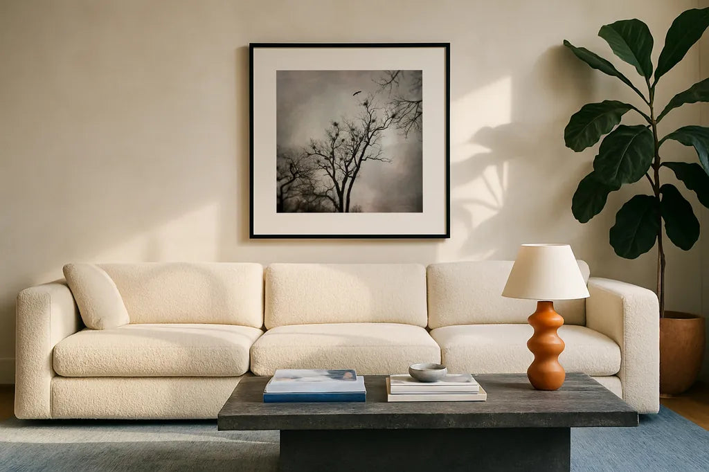 The Heron Rookery by Debra Van Swearingen. Displayed in a glass frame with matte in a clean modern living room. Available as an archival giclee rolled canvas, fine art paper, or poster print. SKU 63818a.