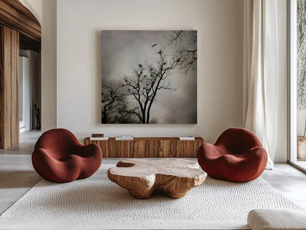 The Heron Rookery by Debra Van Swearingen. Shown as extra-large giant wall art in a modern living room. Available as an archival giclee rolled canvas, fine art paper, or poster print. SKU 63818a.