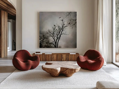 The Heron Rookery by Debra Van Swearingen. Shown as extra-large giant wall art in a modern living room. Available as an archival giclee rolled canvas, fine art paper, or poster print. SKU 63818a.