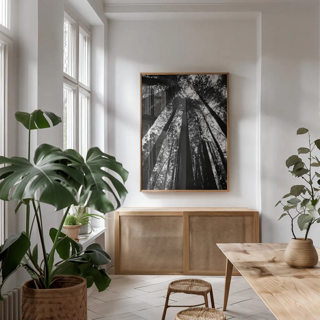 The Stand BW by Debra Van Swearingen. shown as a print in a natural wood frame in a dining room. Available as a archival giclee rolled canvas, fine art paper, or poster print. SKU 55173h.