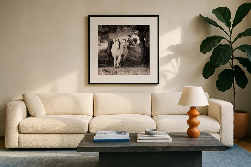 Three Wild Horses Sepia Crop by Debra Van Swearingen. Displayed in a glass frame with matte in a clean modern living room. Available as an archival giclee rolled canvas, fine art paper, or poster print. SKU 52847a.