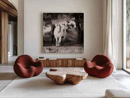 Three Wild Horses Sepia Crop by Debra Van Swearingen. Shown as extra-large giant wall art in a modern living room. Available as an archival giclee rolled canvas, fine art paper, or poster print. SKU 52847a.