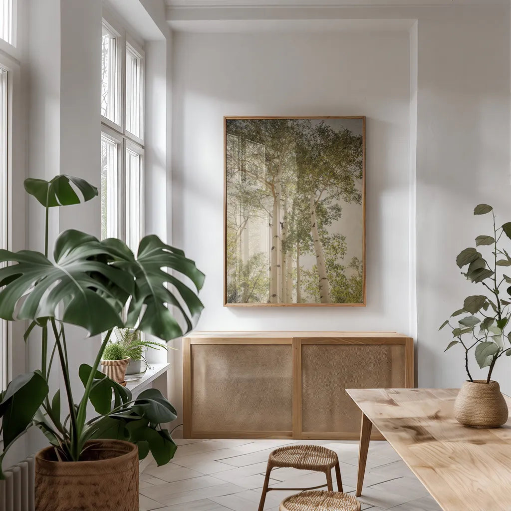 Towering Aspens I by Debra Van Swearingen. shown as a print in a natural wood frame in a dining room. Available as a archival giclee rolled canvas, fine art paper, or poster print. SKU 82782h.