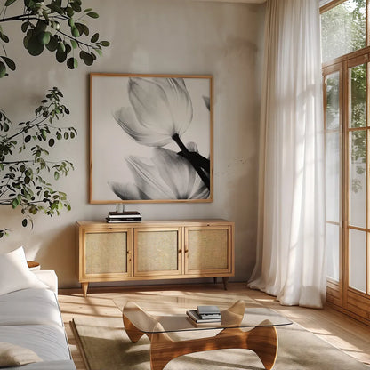 Translucent Tulips II Crop by Debra Van Swearingen. Shown in a natural wood frame in a cozy modern living room. Available as an archival giclee rolled canvas, fine art paper, or poster print. SKU 16795a.