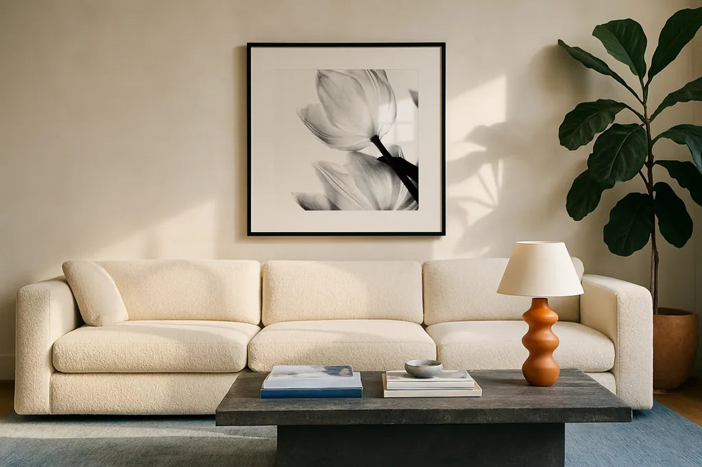Translucent Tulips II Crop by Debra Van Swearingen. Displayed in a glass frame with matte in a clean modern living room. Available as an archival giclee rolled canvas, fine art paper, or poster print. SKU 16795a.