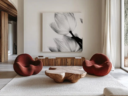 Translucent Tulips II Crop by Debra Van Swearingen. Shown as extra-large giant wall art in a modern living room. Available as an archival giclee rolled canvas, fine art paper, or poster print. SKU 16795a.