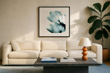 Translucent Tulips II Sq Aqua Crop by Debra Van Swearingen. Displayed in a glass frame with matte in a clean modern living room. Available as an archival giclee rolled canvas, fine art paper, or poster print. SKU 28921a.