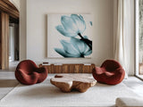 Translucent Tulips II Sq Aqua Crop by Debra Van Swearingen. Shown as extra-large giant wall art in a modern living room. Available as an archival giclee rolled canvas, fine art paper, or poster print. SKU 28921a.