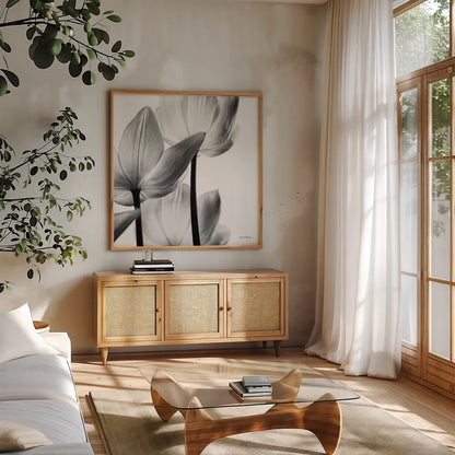 Translucent Tulips III Crop by Debra Van Swearingen. Shown in a natural wood frame in a cozy modern living room. Available as an archival giclee rolled canvas, fine art paper, or poster print. SKU 16796a.