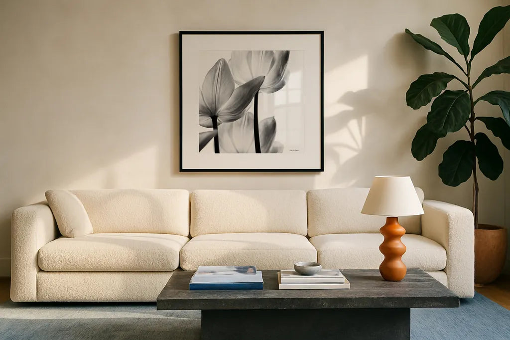 Translucent Tulips III Crop by Debra Van Swearingen. Displayed in a glass frame with matte in a clean modern living room. Available as an archival giclee rolled canvas, fine art paper, or poster print. SKU 16796a.