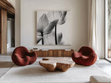 Translucent Tulips III Crop by Debra Van Swearingen. Shown as extra-large giant wall art in a modern living room. Available as an archival giclee rolled canvas, fine art paper, or poster print. SKU 16796a.