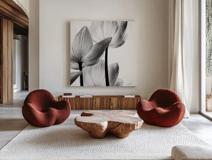Translucent Tulips III Crop by Debra Van Swearingen. Shown as extra-large giant wall art in a modern living room. Available as an archival giclee rolled canvas, fine art paper, or poster print. SKU 16796a.