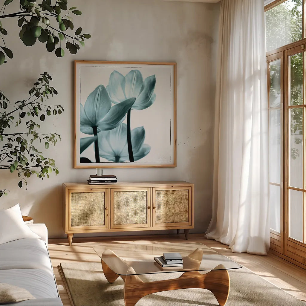 Translucent Tulips III Sq Aqua by Debra Van Swearingen. Shown in a natural wood frame in a cozy modern living room. Available as an archival giclee rolled canvas, fine art paper, or poster print. SKU 26169a.