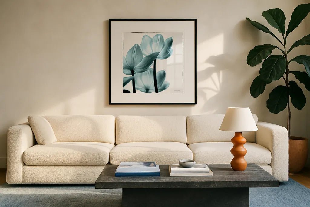 Translucent Tulips III Sq Aqua by Debra Van Swearingen. Displayed in a glass frame with matte in a clean modern living room. Available as an archival giclee rolled canvas, fine art paper, or poster print. SKU 26169a.