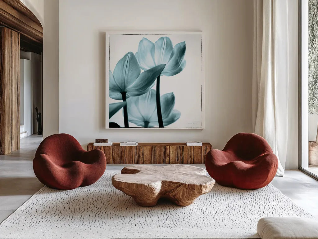 Translucent Tulips III Sq Aqua by Debra Van Swearingen. Shown as extra-large giant wall art in a modern living room. Available as an archival giclee rolled canvas, fine art paper, or poster print. SKU 26169a.