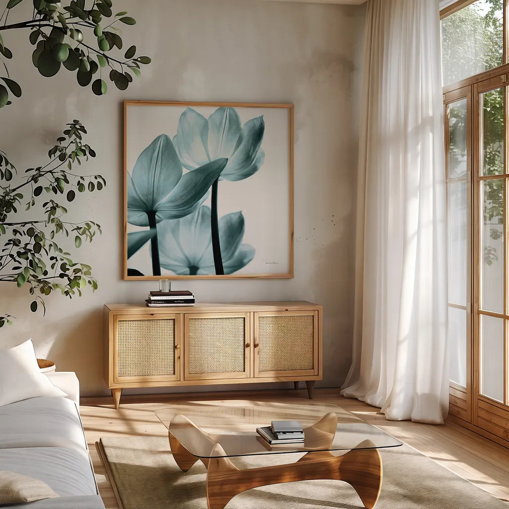 Translucent Tulips III Sq Aqua Crop by Debra Van Swearingen. Shown in a natural wood frame in a cozy modern living room. Available as an archival giclee rolled canvas, fine art paper, or poster print. SKU 28922a.