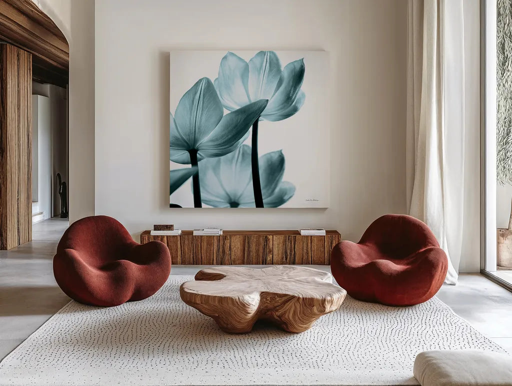 Translucent Tulips III Sq Aqua Crop by Debra Van Swearingen. Shown as extra-large giant wall art in a modern living room. Available as an archival giclee rolled canvas, fine art paper, or poster print. SKU 28922a.